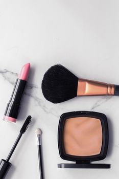 Modern feminine lifestyle, blog background and styled stock concept. Beauty and fashion inspiration - Make-up and cosmetics flatlay on marble