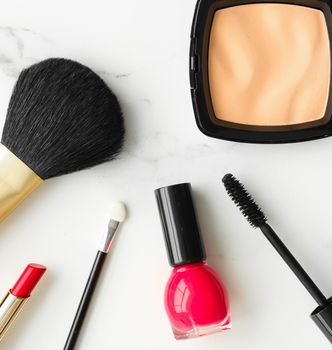 Make-up and cosmetics on marble, flatlay - modern feminine lifestyle, vlog background and styled stock concept. Beauty inspiration in a fashion blog