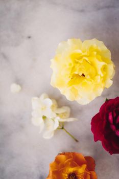 Beautiful floral flatlay composition - wedding decor, florist designed and perfect garden concept. The flowers of love