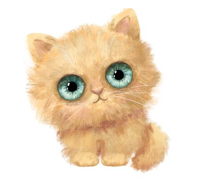 Cute funny fluffy sitting cat with big blue eyes. Watercolor character illustration Isolated on white background.