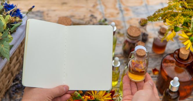 Medicinal herbs on the table. Place for notepad text. woman. Selective focus. nature.