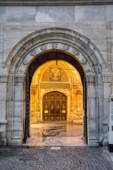 Istanbul, Turkey - August 5, 2022: Closed Beyazit gate to Grand Bazaar, Istanbul, Turkey after sunset.