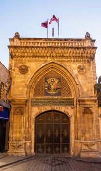 Istanbul, Turkey - August 5, 2022: Closed Beyazit gate to Grand Bazaar, Istanbul, Turkey after sunset.