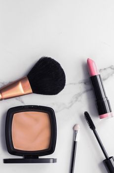 Modern feminine lifestyle, blog background and styled stock concept. Beauty and fashion inspiration - Make-up and cosmetics flatlay on marble