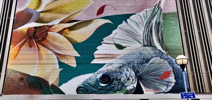 Vastervik, Sweden - July 05 2020: Mural Street Art, Flower and Fish. High quality photo