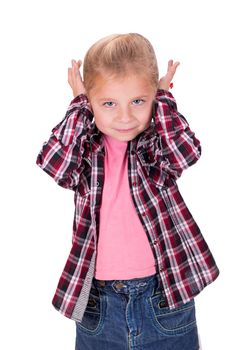 girl covers her ears. Copy space on white background.