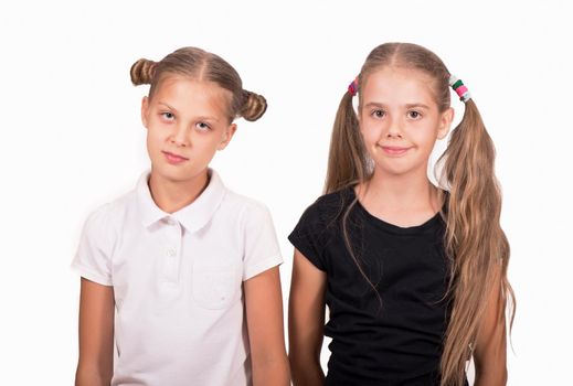 T-shirt design and people concept - close up girls in black and white t-shirt isolated.