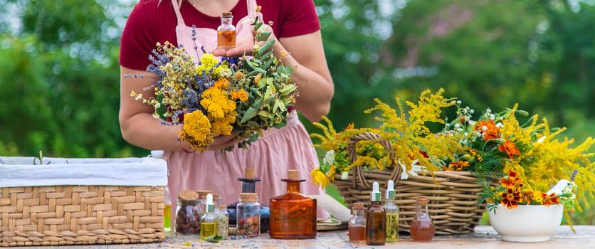 Woman with medicinal herbs and tinctures. Selective focus. Nature.