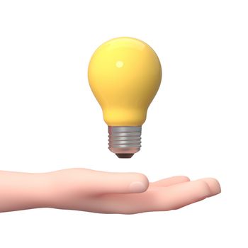 Hand Holding a Yellow Light Bulb. 3D Cartoon Character. Isolated on White Background 3D Illustration, Idea Concept