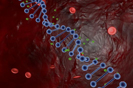 Stylized 3D image of a DNA molecule and red blood cells under a microscope, infected with viruses and bacteria