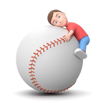 Smiling Little Young Kid Hugging a Big Baseball Ball. 3D Cartoon Character Isolated on White Background 3D Illustration, Love Baseball Concept