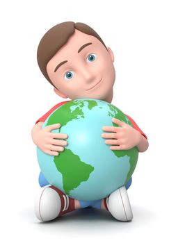 Smiling Young Kid Cuddling the World. 3D Cartoon Character Sitting on the Ground Isolated on White Background 3D Illustration, Love the Earth Concept