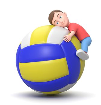 Smiling Little Young Kid Hugging a Big Volley Ball. 3D Cartoon Character Isolated on White Background 3D Illustration, Love Volleyball Concept