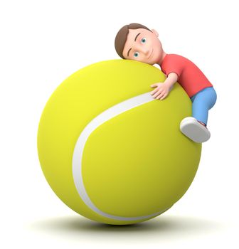 Smiling Little Young Kid Hugging a Big Tennis Ball. 3D Cartoon Character Isolated on White Background 3D Illustration, Love Tennis Concept