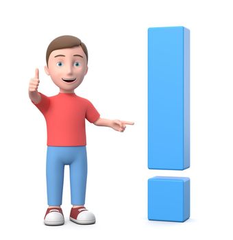 Standing Smiling Young Kid with Exclamation Point. 3D Cartoon Character Isolated on White Background 3D Illustration, Solution Concept