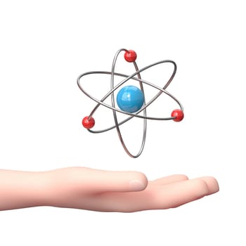 Hand Holding the Atom. 3D Cartoon Character. Isolated on White Background 3D Illustration, Scientific Research Concept