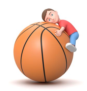 Smiling Little Young Kid Hugging a Big Basketball. 3D Cartoon Character Isolated on White Background 3D Illustration, Love Basketball Concept