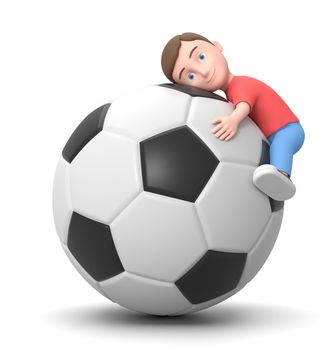 Smiling Little Young Kid Hugging a Big Socce Ball. 3D Cartoon Character Isolated on White Background 3D Illustration, Love Soccer Concept