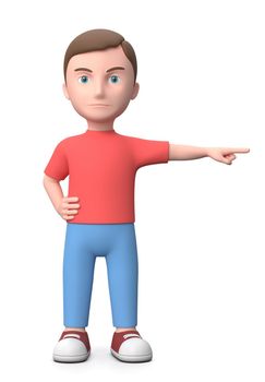 Angry Young Kid Pointing Out. 3D Cartoon Character Isolated on White Background 3D Illustration, Get Out Concept
