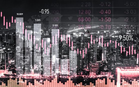 Economic crisis concept shown by digital indicators and graphs falling down with modernistic urban, city area. Double exposure. Stock market crash concept.