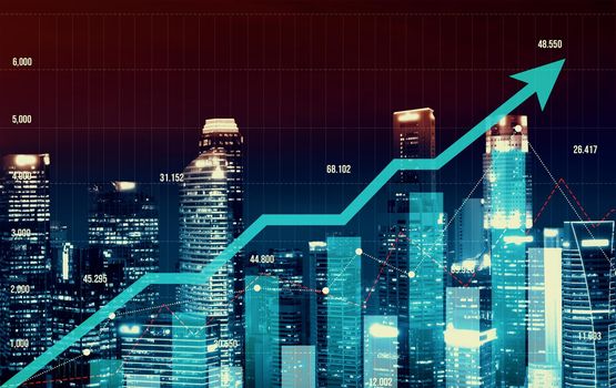 Financial graphs and digital indicators overlap with modernistic urban area, skyscrabber for stock market business concept. Double exposure.