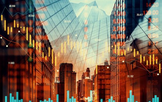 Economic crisis concept shown by declining graphs and digital indicators overlap modernistic city background. Double exposure.