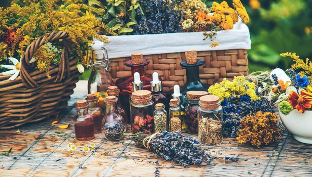 Medicinal herbs and tinctures on the table. Selective focus. Nature.