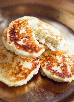 Lactose free, low carb cottage cheese pancakes, cookbook recipe - healthy nutrition, rustic and traditional food concept. Your favourite homemade breakfast is served