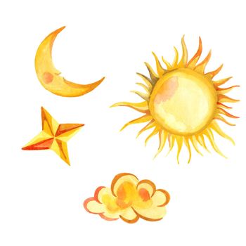 Watercolor icons set sun, clouds, half moon, star. Art design elements