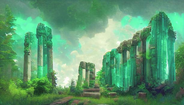 3D render of colossal abstract sureals emerald stone ruins