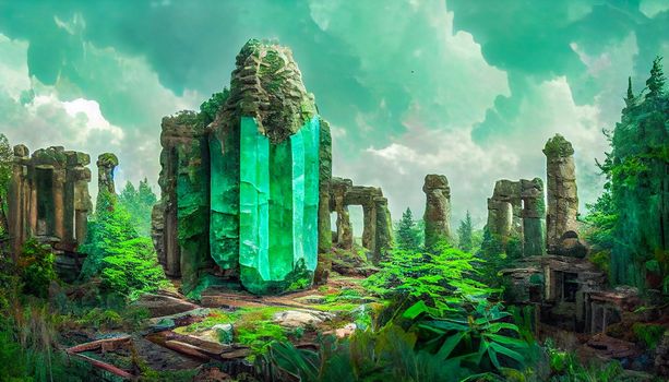 3D render of colossal abstract sureals emerald stone ruins