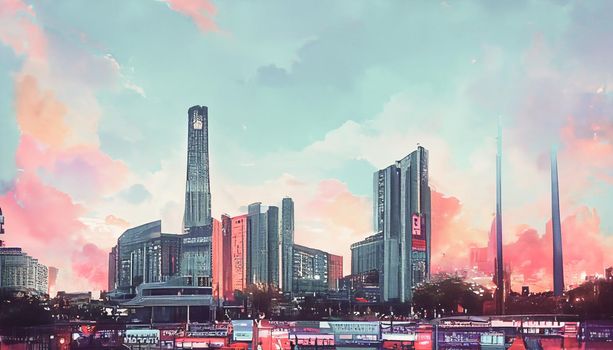Beautiful Sky over the city of the future. Cityscape wallpapers HD