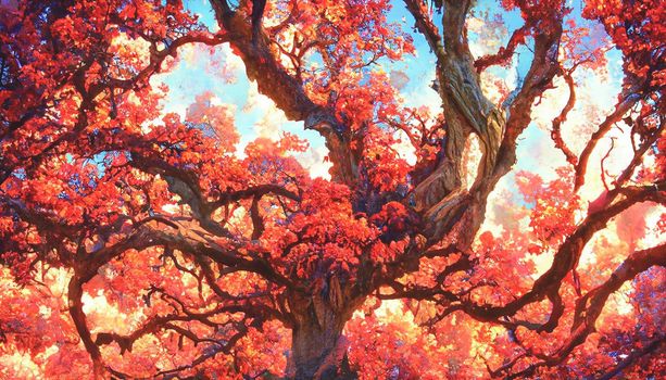 3D render extraordinarily massive oak tree with leaves the color of crimson. Beautiful HD Wallpaper