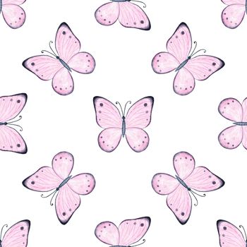 watercolor pink butterflies seamless pattern on white background