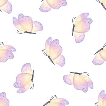 Watercolor pastel butterflies seamless pattern on white background.