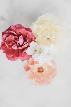 Wedding decor, floral background and beautiful home garden concept - Vintage roses on marble