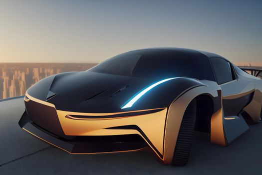 golden hyperbolic futuristic sports concept car, neural network generated art. Digitally generated image. Not based on any actual scene or pattern.