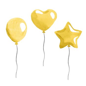 watercolor yellow air balloons on white background. heart, star and ball shaped birthday balloons for party invitation