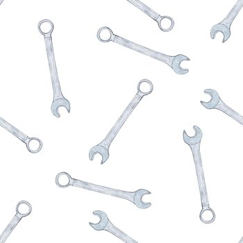 Watercolor wrench tool seamless pattern on white background