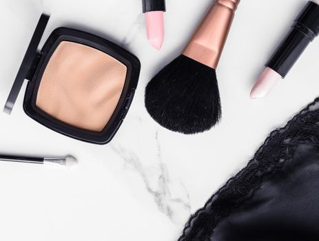 Modern feminine lifestyle, blog background and styled stock concept. Beauty and fashion inspiration - Make-up and cosmetics flatlay on marble