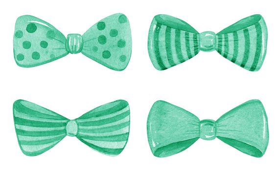 Watercolor green bows set isolated on white background. Hand drawn collection of ribbon illustrations