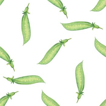 Watercolor green peas pods seamless pattern on white background