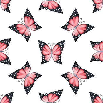 watercolor red butterflies seamless pattern on white background