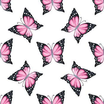 Watercolor pink butterflies seamless pattern on white background