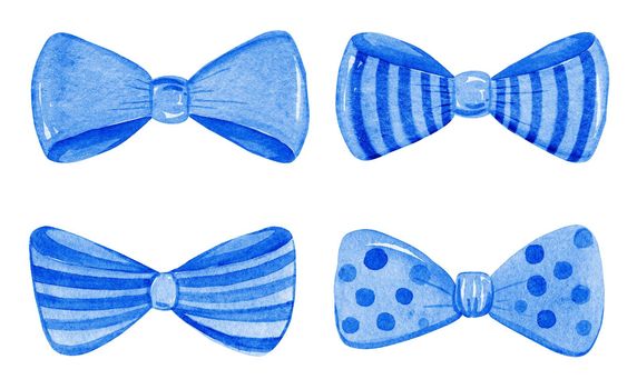 Watercolor blue bows set isolated on white background. Hand drawn collection of ribbon illustrations