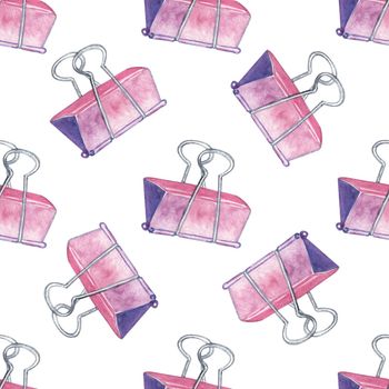 Watercolor paper clip seamless pattern on white background. Hand drawn office supply print for fabric, textile, wrapping, wallpaper