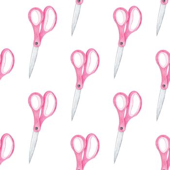 Watercolor pink scissors seamless pattern on white background. Hand drawn print for fabric, textile, wrapping, wallpaper