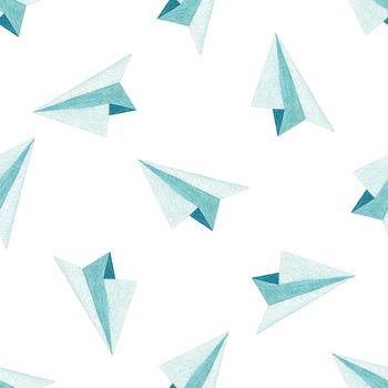 Watercolor paper airplanes seamless pattern on white background. Hand drawn origami print for fabric, textile, wrapping, wallpaper