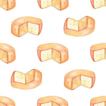 Watercolor cheese wheel seamless pattern on white background