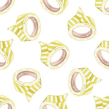 Watercolor striped ribbon roll seamless pattern on white background. Hand drawn tape for scrapbooking